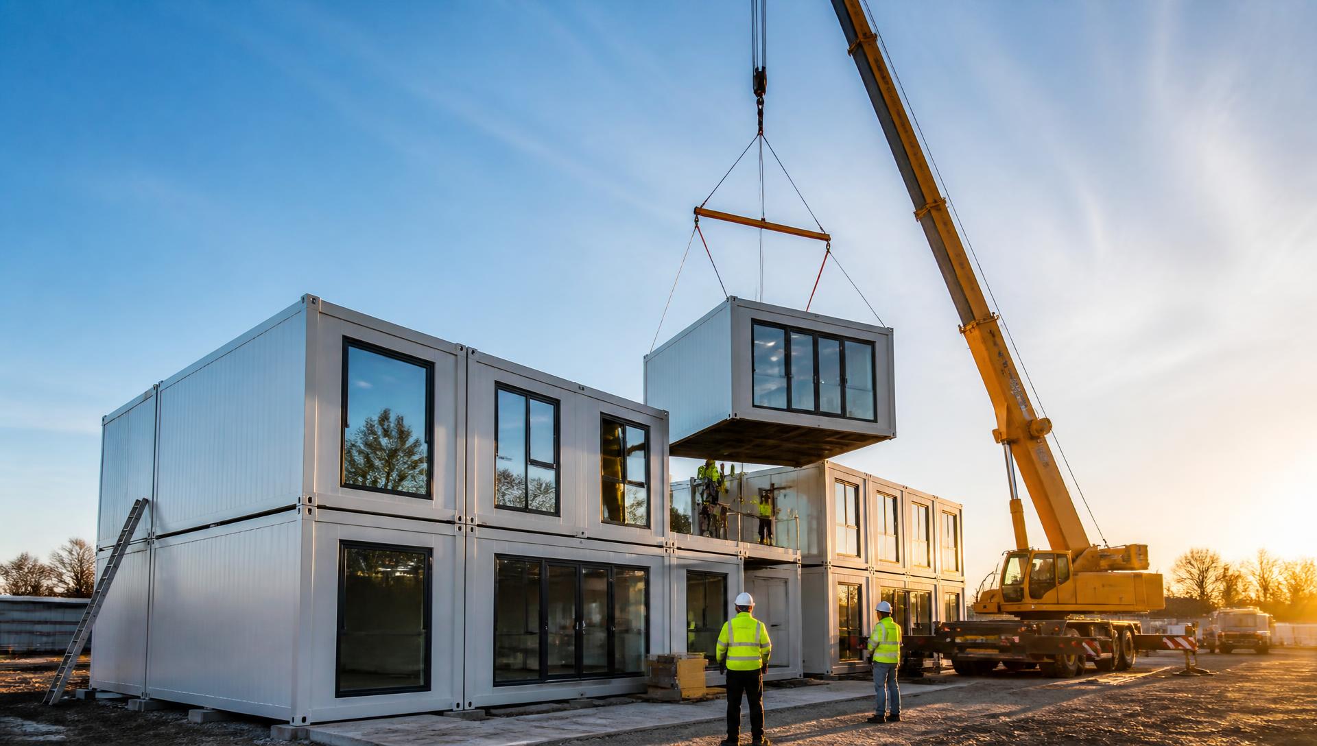 A crane lifting a modular unit onto a two-storey container building at sunset