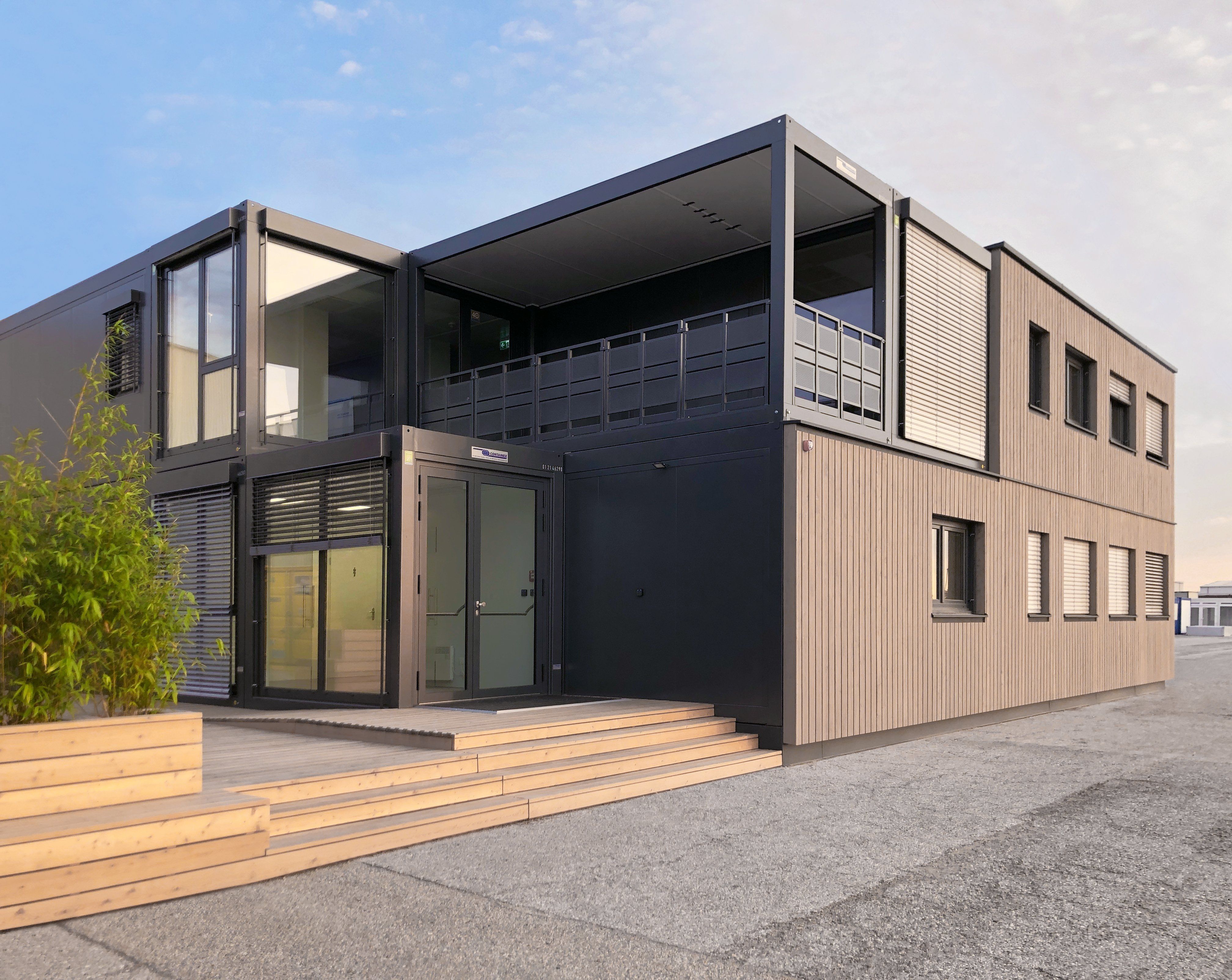 Containex portable office cabin used as a site office with windows and entrance door